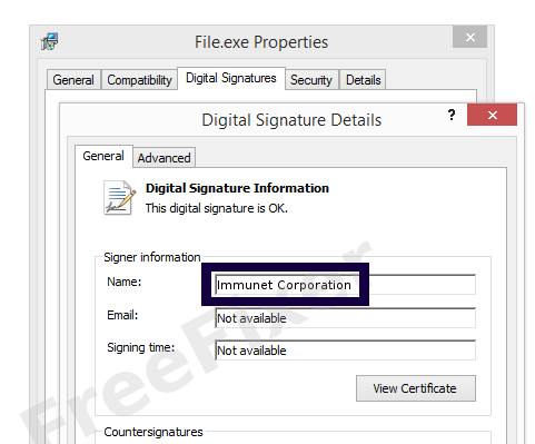 Screenshot of the Immunet Corporation certificate